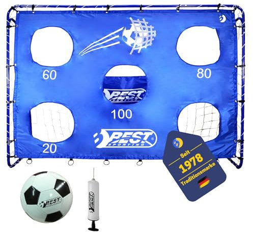 BEST SPORTING Fußballtor Set mit Tor, Torwand mit 5 Schusslöchern, Ball, Pumpe, Design Blau
