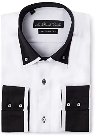 Mens Shirt Smart Casual Formal Double Collar Longsleeve (White with Black Collar, Large)