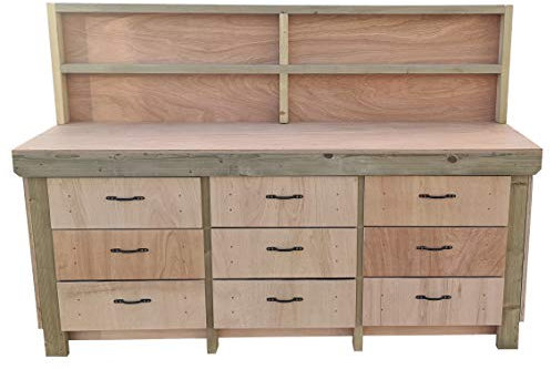 Wooden Workbench Tool Cabinet With Back Panel - 18mm Eucalyptus Hardwood Top - Industrial Heavy-Duty Work Table (7ft)
