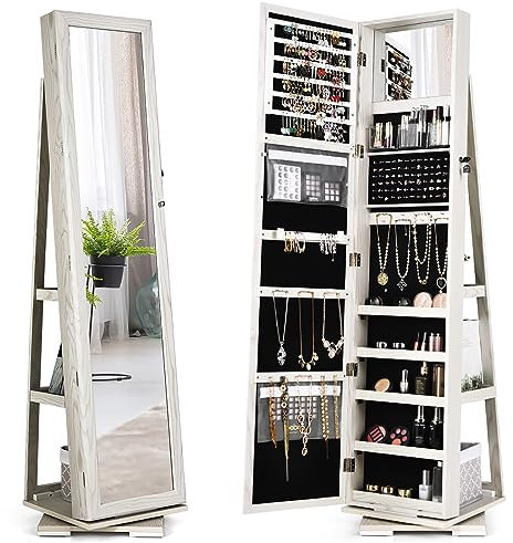COSTWAY Schmuckschrank, Spiegelschrank mit Ganzkörperspiegel und eingebauter Make-up-Spiegel, 360° drehbar, abschließbar, stehend, Schmuck-Organizer mit Schlüsseln (Weißes Holzoptik)
