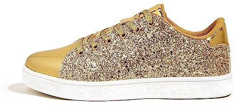 LUCKY STEP Damen Glitzer Sneaker | Schnüren Mode Schuhe | Glitzernde Bunt Turnschuhe für Damen (Gold, 8.5US-39EU-6UK)