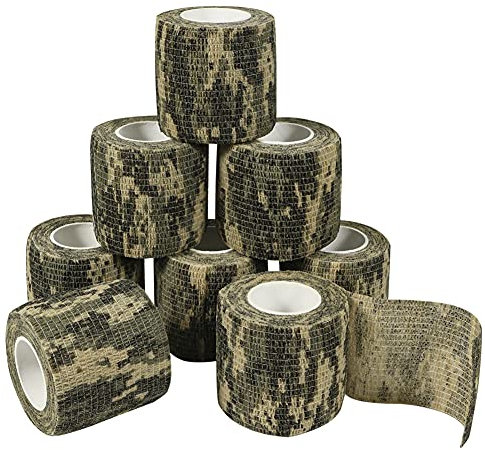QiGui 8 Rollen Selbsthaftende Cohesive Bandage Camouflage Klebeband Kohäsive Bandage Pflasterverband Fingerpflaster Haftbandage Verband Fixierverband Elastische Binde Für Jagd Sport im Freien 5cm