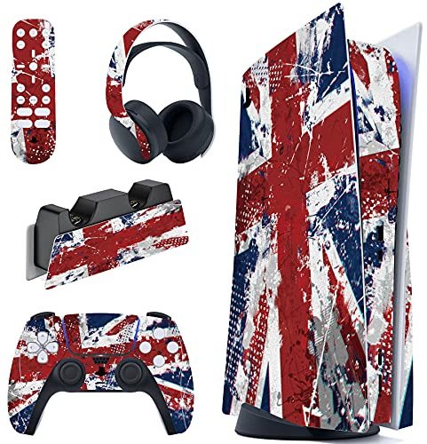 PlayVital Impression UK Flag Full Set Skin Decal for ps5 Console Disc Edition, Sticker Vinyl Decal Cover for ps5 Controller & Charging Station & Headset & Media Remote