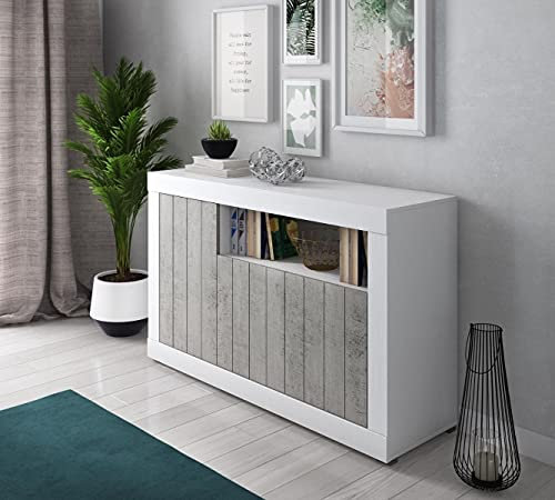 Dmora Credenza moderna a 3 ante, Buffet da cucina, Madia con scaffali e ripiani, Mobile da soggiorno Porta TV, cm 138x42xh86, colore Bianco e Cemento