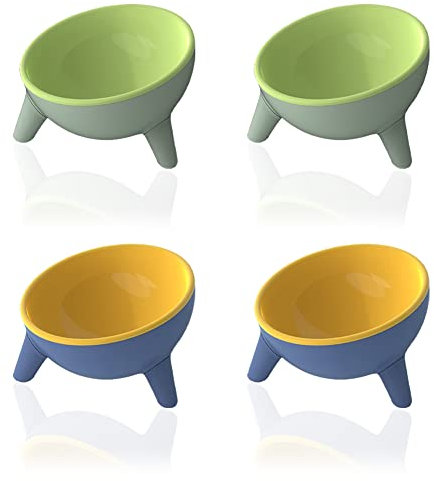 4PCS Tilted Raised Cat Bowls, Elevated Cat Feeding Bowls - 15° Kittens Dishes - 2PCS Yellow+2PCS Green
