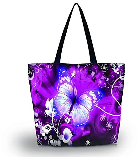 newplenty Strandtasche mit Reißverschluss, Einkaufstasche Faltbar, Große Wasserdichte Handtasche Damen Umhängetasche (Rosa Schmetterling)