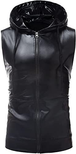 PARKLEES Herren Hipster Metallic Pailletten Reißverschluss Ärmellos Kapuzenweste T-Shirt mit Kängurutasche, Z86, Schwarz, L