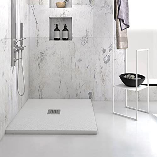 Yellowshop - Piatto doccia rettangolare in marmoresina h 2,5 cm HEAVY Bianco con sifone, piletta e copripiletta inox (cm 70x170)