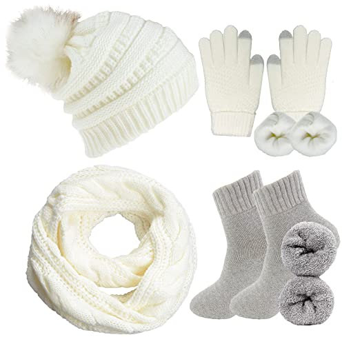CheChury Strickmütze Schal Touchscreen Handschuhe Thermosocken Set Damen Beanie Gestrickt Winter Fleece Pompom Winterschal Kombi Wintersocken Set Loop Grobstrick Kombi Sets Loop Schal Geschenk