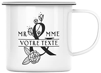 Mug en Métal Emaillé Mr & Mme Illustration Floral Nom ou Texte Personnalisable Anniversaire Idée Cadeau Mariés Anniversaire Mariage