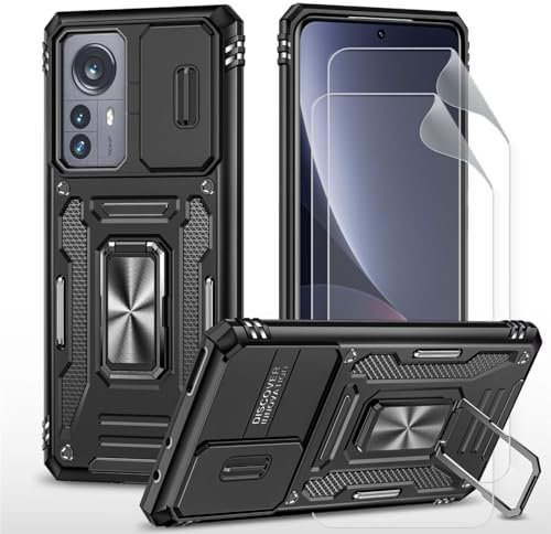 CLYDITE Cover per Xiaomi 12 Nero Custodia con Pellicola Protettiva [2 Pack] Fotocamera Slidable Antiurto Custodia Antiurto Grado Militare 360° Ring Supporto Silicone Custodie