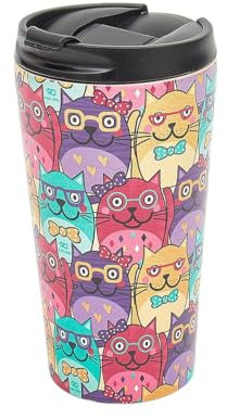 ECO CHIC Reusable Thermal Coffee Cup Stainless Steel Leakproof Insulated 330ml Travel Mug (Glasses Cats Multiple)