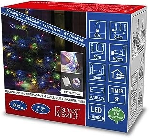 Konstsmide LED Tropfenlichterkette, mit 6h Timer und Multifunktion, 80 bunte Dioden, batteriebetrieben, Außen (IP44), transparentes Kabel, 4 x AA 1.5V (exkl.) - 3764-503