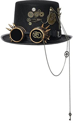 BPURB Damen Herren Steampunk Zylinder mit Brille Punk Halloween Party Kostüm Gothic Hut (58 cm/22.83 inches, schwarz-1)