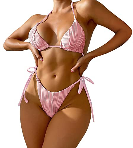 SEAUR Maillot de Bain Bikini Sexy Push Up Bikini String Brésilien Sexy 2 pièces pour Femmes Maillot de Bain Halter Triangle Bikini de Plage Beachwear M A03 # Rose