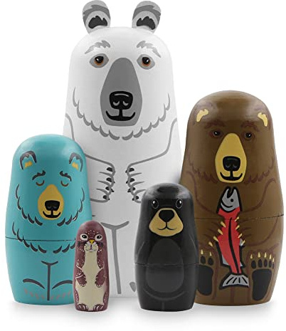 Boerni Set mit 5 Tieren, aus Holz, Bär, Nistpuppen, Eisbär, Wiesel, Seelöwe, Matrjoschka, stapelbar, Spielzeug für Kinder, Geburtstag, Weihnachtsfeier, Geschenk, Heimdekoration