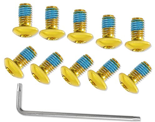 LEONTOOL Lot de 12 boulons de frein à disque de vélo M5 x 10 mm - Vis de rotor dorées avec 1 clé Torx T25 L pour vélo de route, VTT, jaune et bleu