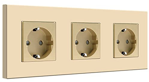 BSEED Schuko 3 enchufes empotrables enchufe empotrable, enchufe de pared con placa de PC, enchufe empotrado de 16 Amp estándar de la UE, enchufes de seguridad para niños, dorado 228 mm
