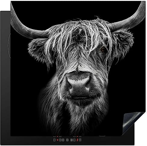 KitchenYeah© Induction Hob Protector Mat Stove Cap Top Cover Kitchen Cooker | 30.7x30. / 78x78 cm - Covers for Electric Hobs Vinyl Scottish Highlander - Horns - Black - White - Cow