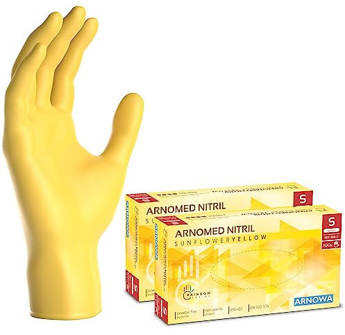 200x ARNOMED Einweghandschuhe Gelb (2x100 Stück), Einmalhandschuhe S, Nitril Handschuhe Einweg, Nitrilhandschuhe puderfrei, Gummihandschuhe Einweg, Schutzhandschuhe, Handschuhe Nitril in XS, S, M, L