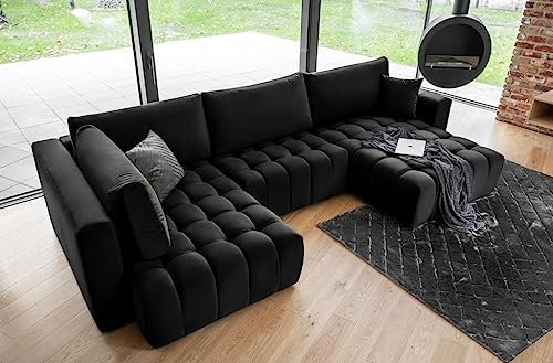 Froschkönig24 Bonito Wohnlandschaft 340 x 170 cm Schwarz (Samt), Ausführung:Rechts