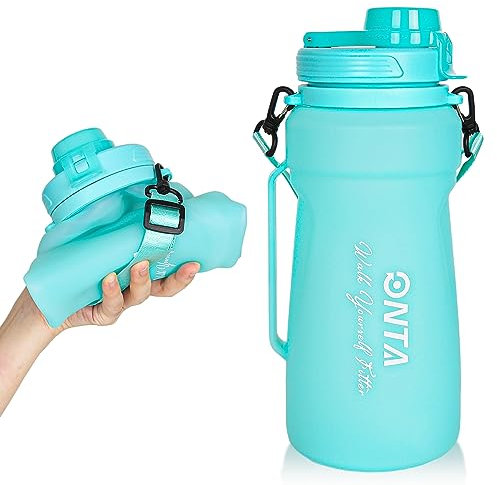 ONTA Botella De Agua Plegable - 1,5 L Botella De Agua Plegable De Silicona, De Con Marcador De Tiempo y Pajita, Botella De Agua Deportiva sin BPA Reutilizables Para Viajes, Fitness, Senderismo (Verde)