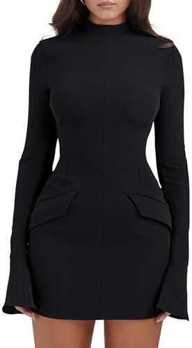 YMDUCH Women's Long Sleeve Mock Turtle Neck Bodycon Mini Tank Short Party Dress, Black, XL