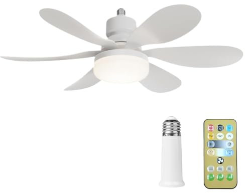 ASIEIT E26/27 Socket Fan LED Light Socket Fan Ceiling Fan with Light with Remote 40W/30W Replacement Light Bulb/Ceiling Fan 3 Speeds Timing for Garage Bathroom Bedroom Kitchen (Large)