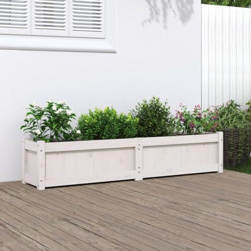 Gecheer Fioriera,Vaso,Letto Rialzato,da Giardino,Esterno,in Legno di Pino,Bianco,150x31x31 cm,Fioriera in Legno,Fioriera da Esterno,Fioriera Quadrato,Fioriera da Patio,Fioriera Grande