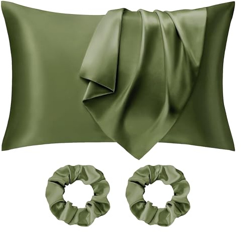 Seiwohl Satin Pillowcases for Hair and Skin 2 Pack & Satin Hair Scrunchies 2 Pcs Set, Silky Pillow Cases with Envelope Closure, Olive Green, Standard Size 50x75 cm
