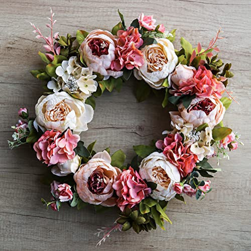 Peony Wreath 18'' Pink Elegant Spring Wreaths for Front Door, Artificial Large Floral Wreath for Wall Home Decor, Indoor Outdoor Window Decor Door Wedding Birthday Party Decoration