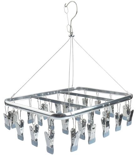 Roellgs Sock Dryer, Aluminum 32 Pegs Sock Hanger for Washing Line, Clothes Drying Rack with Windproof Hook, Hanging Clothes Airer for Socks, Underwear, Baby Clothes & Hats (grey)