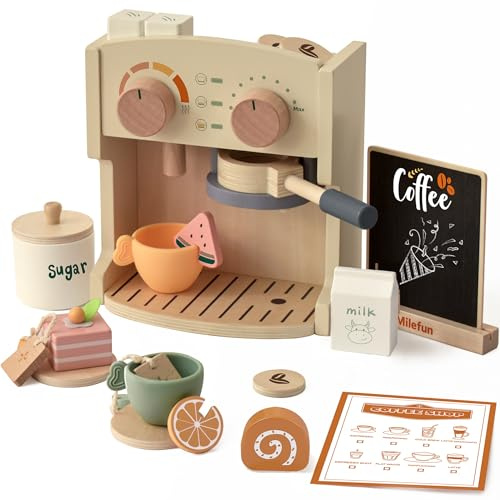 MILEFUN Ensemble de café en bois - 22 pièces de jouet pour machine à expresso réaliste pour enfants de 3 à 8 ans - Jouets d'apprentissage Montessori avec machine à expresso réaliste et accessoires