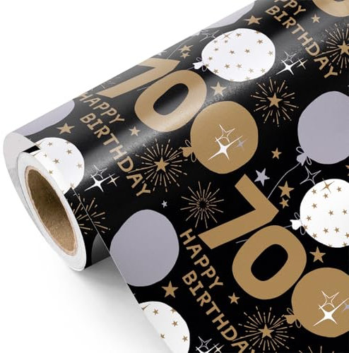WRAPAHOLIC Geschenkpapier zum 70. Geburtstag, Mini-Rolle, 43,2 cm x 10,2 m, schwarz-goldenes Ballon-Design für Geburtstag, Party, Urlaub