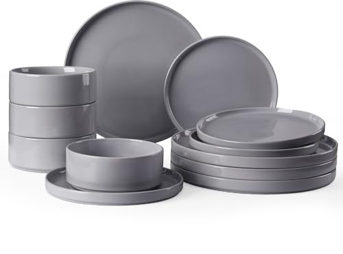Richmount Nebula Geschirrset 4 Personen, 12-teiliges Teller Set und das Schüsselset, Steingut Geschirr Set, Kombiservice Geschirr Set, Tafelservice, Mikrowellen- & Spülmaschinenfest, Dunkelgrau