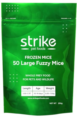 STRIKE Large Fuzzy Frozen Mice for Snake Food, Ideal Size Feeder Mice for Young King, Gopher, Corn, Milk, Hognose Snakes, and Bearded Dragons (5-7.5 Grams) (1-1.75 inches), 50 Count