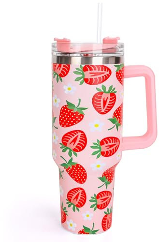 Whaline 40 Oz Strawberry Tumbler with Handle Straw and Lid Summer Strawberry Travel Tumbler Red Pink Coffee Cup for Women Friend Holiday Birthday