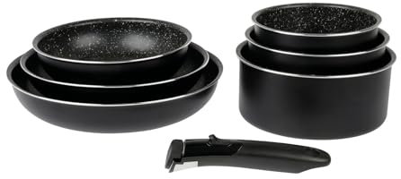 Sitram 713496 Batterie de cuisine 7 pcs Aluminium noir : manche amovible, 3 Poêles Ø20,24,28 cm, 3 Casseroles Ø16,18,20 cm - Revêtement anti-adhérent sans PFOA effet Pierre - Tous feux dont induction