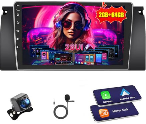Inefala Radio Coche Bluetooth para BMW 5 Series (X5/E39/M5/E53) 1996-2003, 2G+64G, Wireless Carplay & Android Auto, 9 Touchscreen, GPS/WiFi/USB/RDS/FM Cámara Trasera Mic