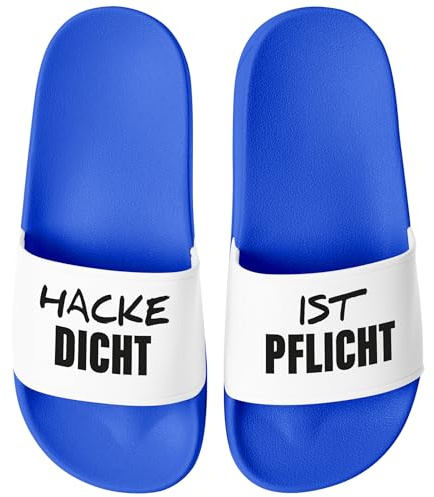 MoonWorks® Badeschlappen Badelatschen Unisex mit Aufdruck Hacke Dicht ist Pflicht Bedruckt Herren Damen Badeschuhe Männer Frauen Geschenk Blau-weiss 43
