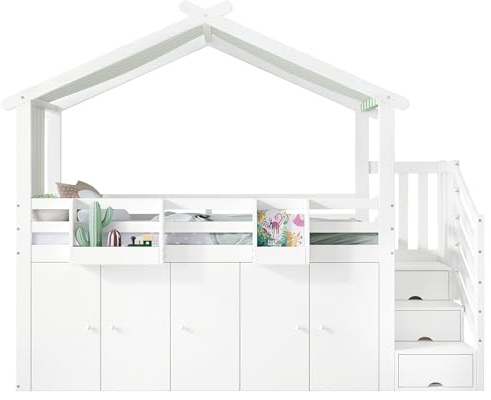 Goldicoo Kinderbett 90x200 mit Unterbett Stauschrank und Dach Holz
