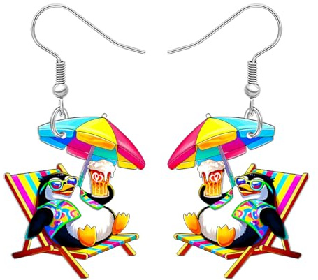 NEWEI Acryl Lustige Strand Pinguin Ohrringe Hängend Cute Hawaii Einzigartige Bier und Regenschirm Design Sommerschmuck Tier Pinguin Geschenke für Damen Mädchen Urlaub Liebhaber