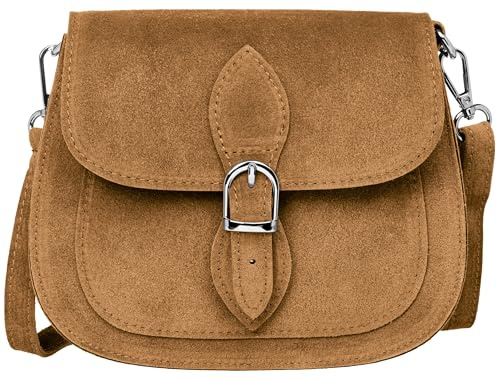Caspar Leder Umhängetasche Dirndltasche Vintage Tasche kleine Trachtentasche Damen Handtasche aus Wildleder - CLASSIC LINE - Modell No.831 - Made in Italy, Farbe:Karamell Braun