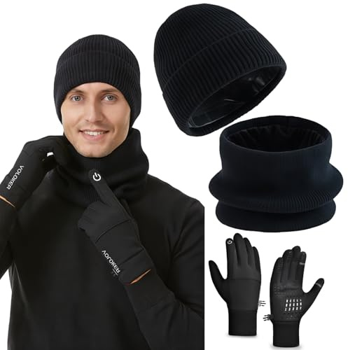 REDKNOT Mütze Schal und Handschuh-Sets für Herren Damen Thermo Strickmützen Beanie Plüschfutter Warme Fahrradhandschuhe Schal Wärmer für Kaltes Wetter Outdoor Laufen Wandern