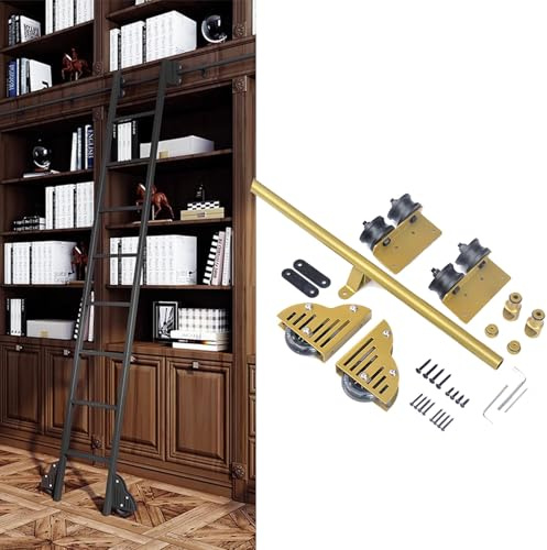 Sliding Ladder Rail Kit 3.3-24ft, Gold Heavy Duty Rolling Ladder Track Hardware for Library Loft Bookshelf, Smooth Sliding Mobile Ladder System with Floor Roller Wheels – Carbon Steel, Easy Install