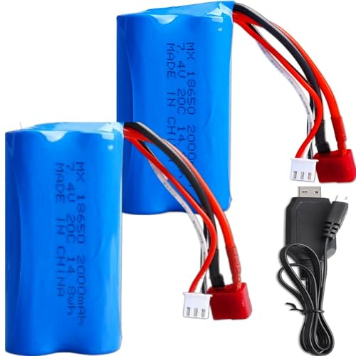 Batería RC 2S de 7,4V 2000 mAh de Iones de Litio con Conector JST, Batería Lipo 2S con Cargador USB para Helicópteros, Coches, Camiones y Barcos RC