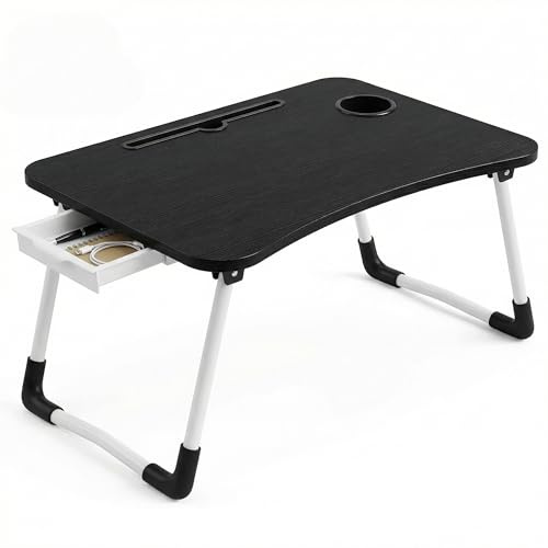 MIJOMA Table de service pliable de 60 x 40 cm - Avec plateau pour tablette et porte-gobelet - Plateau en bois solide sur structure en acier - Idéal pour le petit déjeuner ou l'ordinateur portable