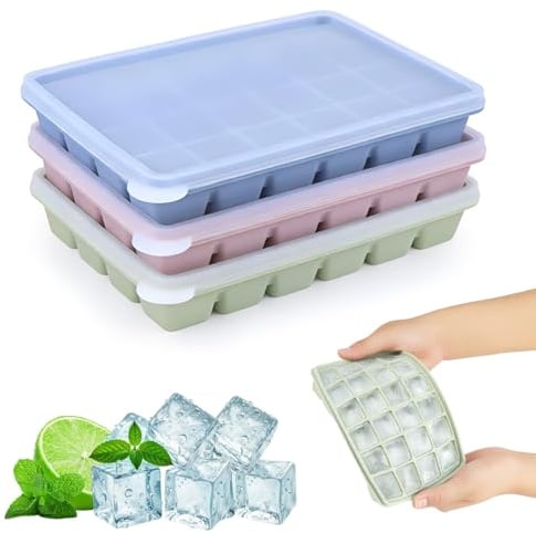 3 Pezzi Stampo in Silicone per Cubetti di Ghiaccio, Contenitore con Coperchio, Vaschetta da 24 Scomparti, BPA Free, Formine per Ghiaccio (2x2x2 cm)