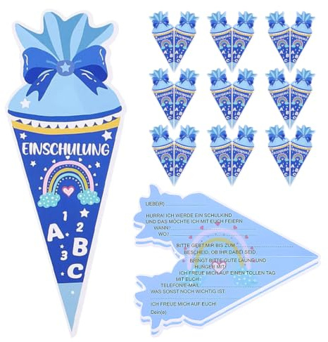 12 Stück Einladung Einschulung Mädchen,Einladungskarten Einschulung,Einladung Schulanfang,Einschulungskarten mit Rainbow für Junge Schuleinführung Klappkarte Party Schulkind Geschenke Deko (Blau)