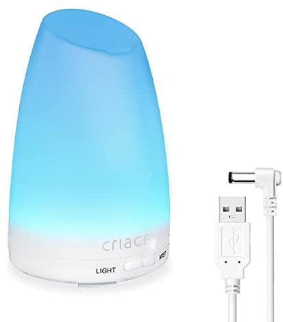 Criacr 150ml Essential Oil Diffusers, 【USB Powered 】Aromatherapy Diffuser with 7 Colorful LED Lights, BPA-Free, Adjustable Mist Mode, Waterless Auto Shut-off, Whisper-Quiet for Bedroom, Spa, Office